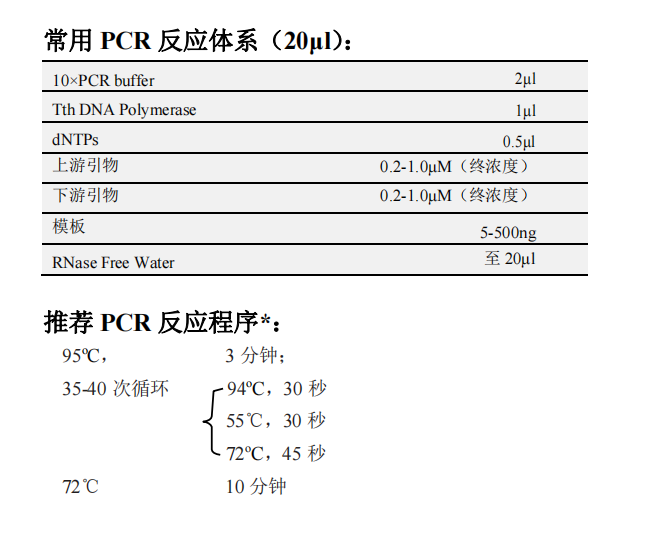 Tth DNA聚合酶 常用PCR反應體系（20μL）以及推薦PCR反應程序*